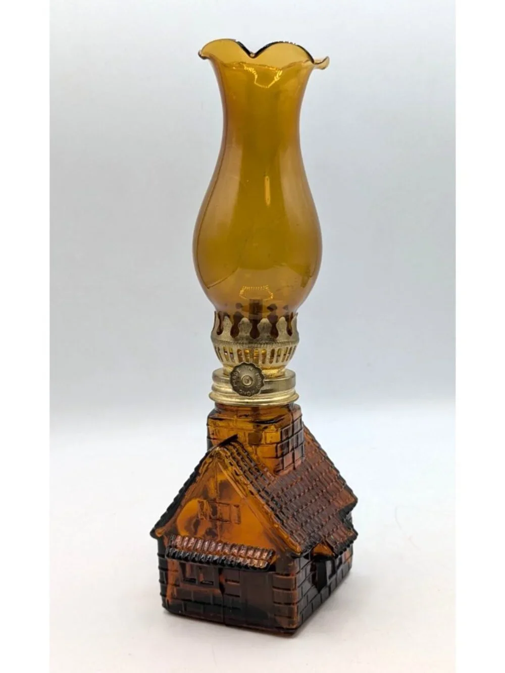 Vintage Cabin Shaped Amber Glass Mini Oil Lamp Lantern Made in Hong Kong 8.5